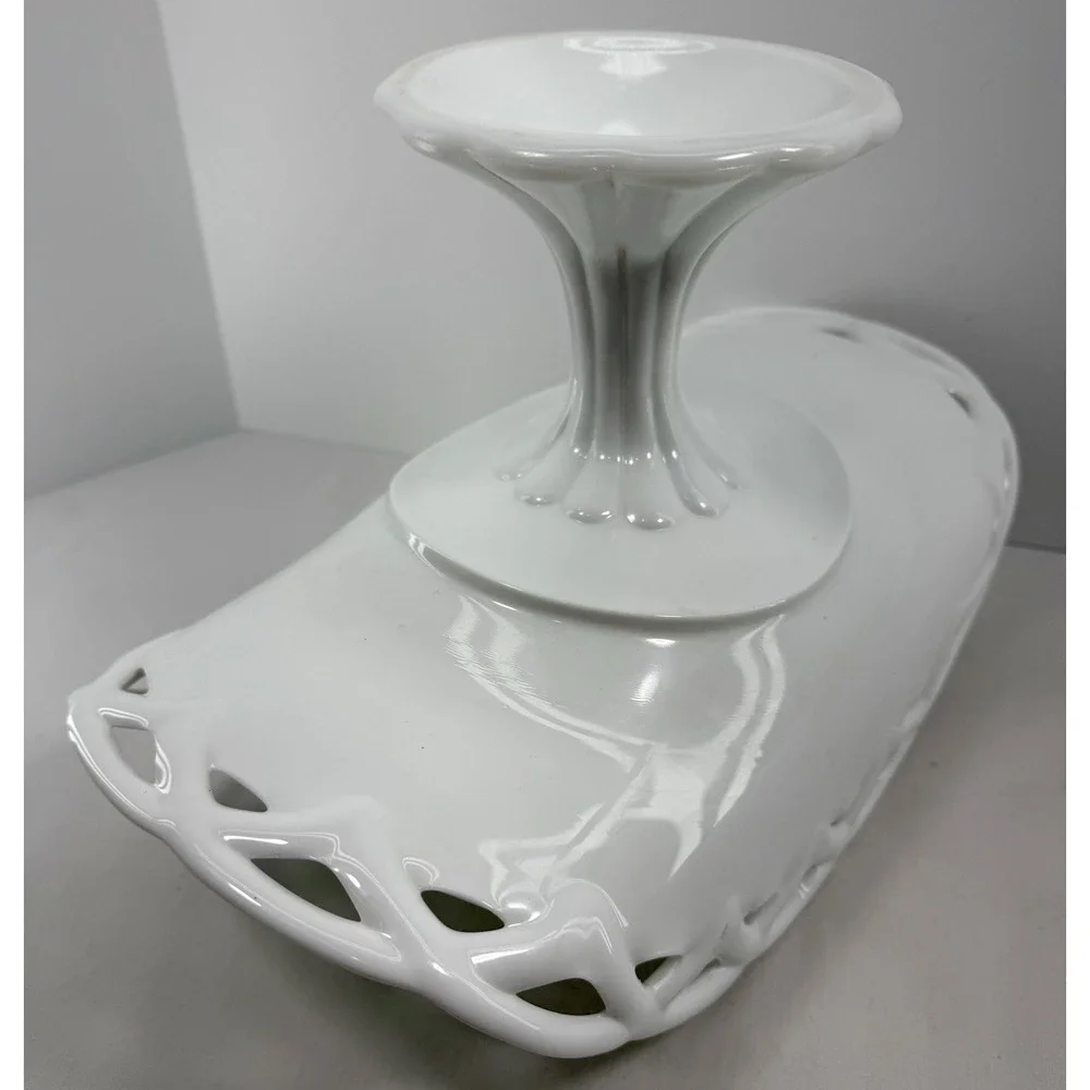 Vintage Colony Milk Glass Open Lace Pedestal Compote Fruit Bowl‎ 13.75